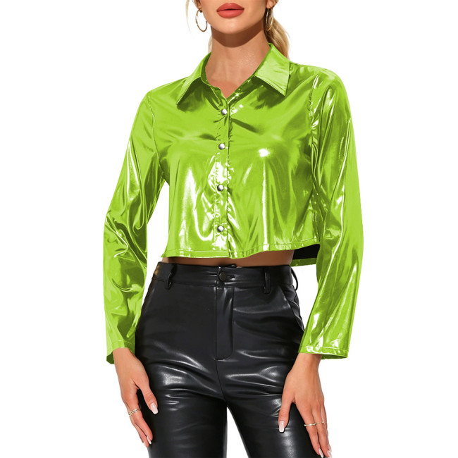 Wetlook Metallic Shiny Sexy Cropped Shirt Button Down Blouse Lapel Night Out Crop Top Rave Party Streetwear Y2K Cosplay Outfits
