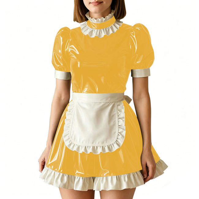 Vinyl PVC Leather Servant Maid Uniforms Sissy Party Cosplay Anime Costume High Neck Glossy Pleated Mini Maid Dress with Apron