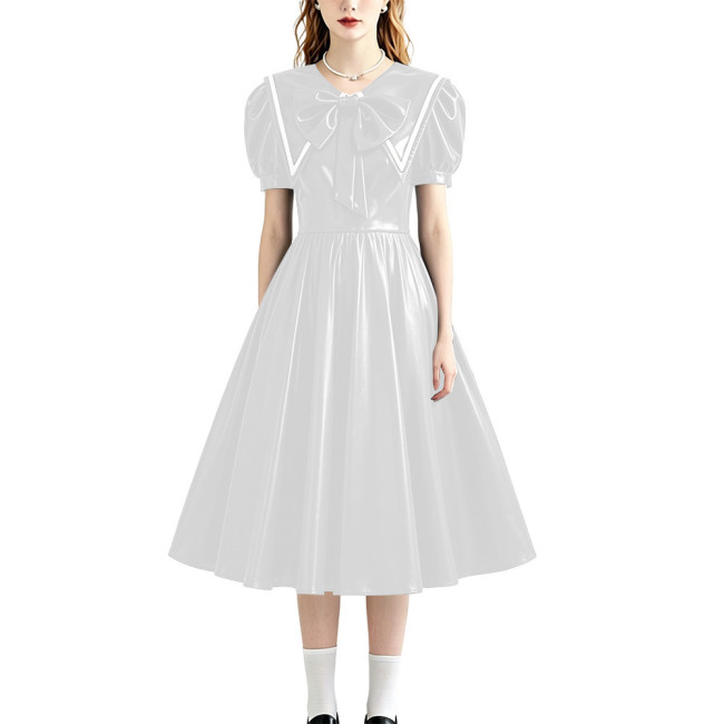 Retro Style Shiny PU Leather Sailor Dress Big Bow Collar Short Puff Sleeve A-line Midi Dress Plus Size Role Play Party Outfit