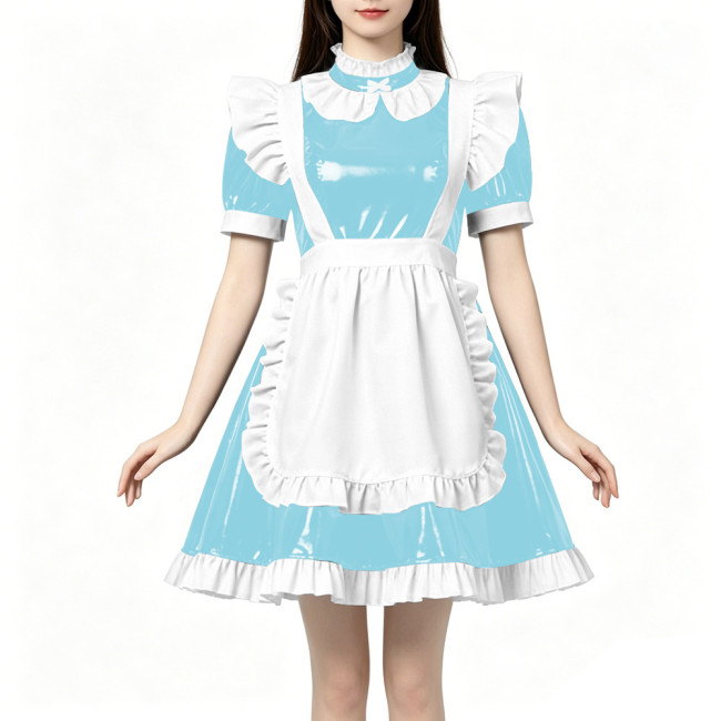 High Neck Ruffled PVC Maid Outfit French Short Puff Sleeve A-Line Dress with White Apron Halloween Party Role Play Maid Uniforms