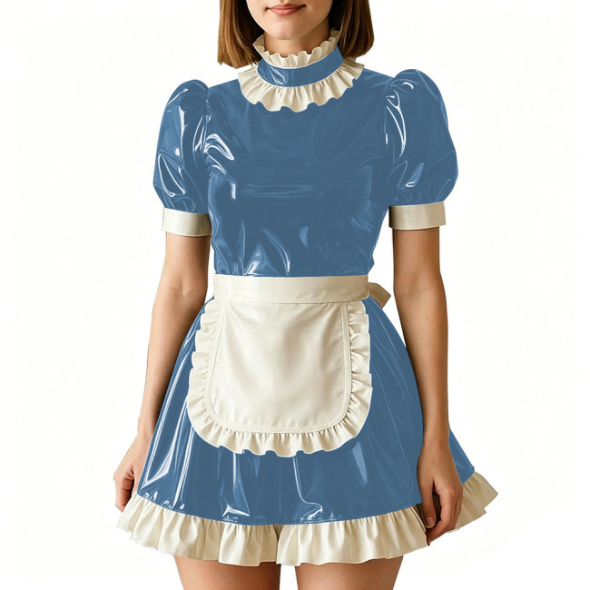 Vinyl PVC Leather Servant Maid Uniforms Sissy Party Cosplay Anime Costume High Neck Glossy Pleated Mini Maid Dress with Apron
