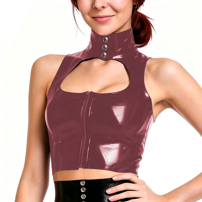Solid Color PVC High Neck Crop Top for Womens Sleeveless Cutout Front Zipper Glossy Tank Top Nightclub Party Cosplay Costume