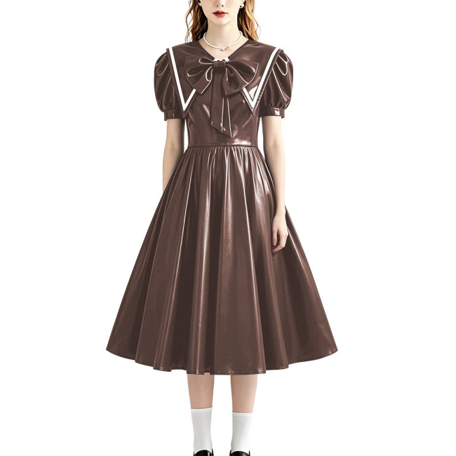 Retro Style Shiny PU Leather Sailor Dress Big Bow Collar Short Puff Sleeve A-line Midi Dress Plus Size Role Play Party Outfit