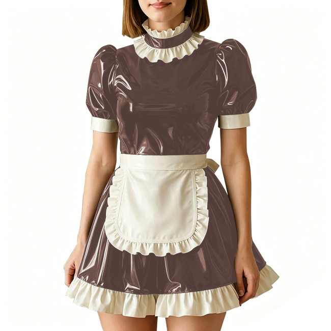Vinyl PVC Leather Servant Maid Uniforms Sissy Party Cosplay Anime Costume High Neck Glossy Pleated Mini Maid Dress with Apron