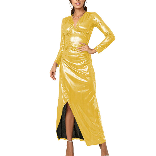 Elegant Metallic Evening Dress Women V Neck Long Sleeve Ruched Wrap Maxi Dress Sexy Cocktail Party Slit Long Dress Club Gown
