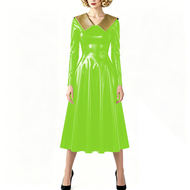 Vintage Shiny PVC Dress Glossy Pointed Collar Long Sleeve A-Line Midi Dress Women's Retro Style Flared Dress Sissy Party Outfits
