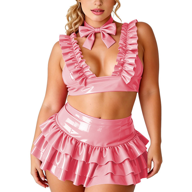 Plus Size Womens Shiny PVC 3-Piece Outfit Deep V Ruffle Top High Waist Layered Skirt with Bow Choker for Halloween and Clubwear