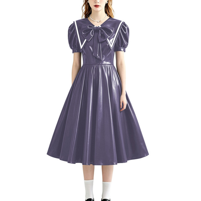 Retro Style Shiny PU Leather Sailor Dress Big Bow Collar Short Puff Sleeve A-line Midi Dress Plus Size Role Play Party Outfit