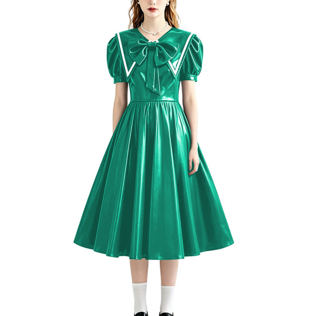 Retro Style Shiny PU Leather Sailor Dress Big Bow Collar Short Puff Sleeve A-line Midi Dress Plus Size Role Play Party Outfit