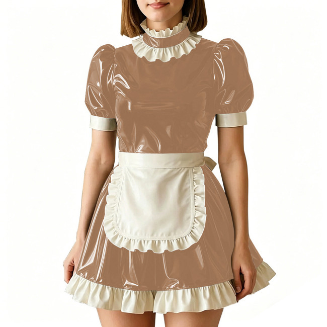Vinyl PVC Leather Servant Maid Uniforms Sissy Party Cosplay Anime Costume High Neck Glossy Pleated Mini Maid Dress with Apron