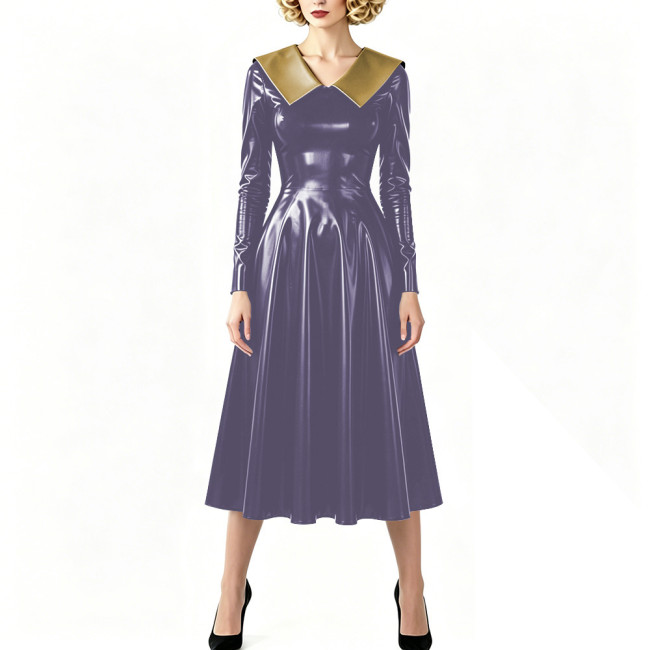 Vintage Shiny PVC Dress Glossy Pointed Collar Long Sleeve A-Line Midi Dress Women's Retro Style Flared Dress Sissy Party Outfits