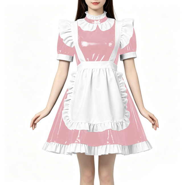High Neck Ruffled PVC Maid Outfit French Short Puff Sleeve A-Line Dress with White Apron Halloween Party Role Play Maid Uniforms