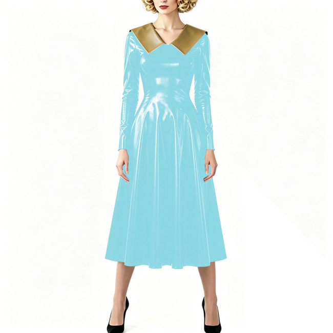 Vintage Shiny PVC Dress Glossy Pointed Collar Long Sleeve A-Line Midi Dress Women's Retro Style Flared Dress Sissy Party Outfits