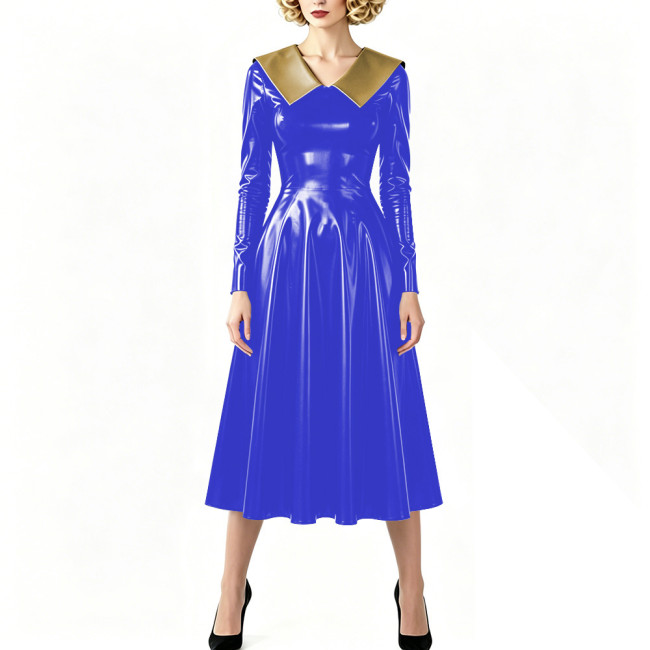 Vintage Shiny PVC Dress Glossy Pointed Collar Long Sleeve A-Line Midi Dress Women's Retro Style Flared Dress Sissy Party Outfits