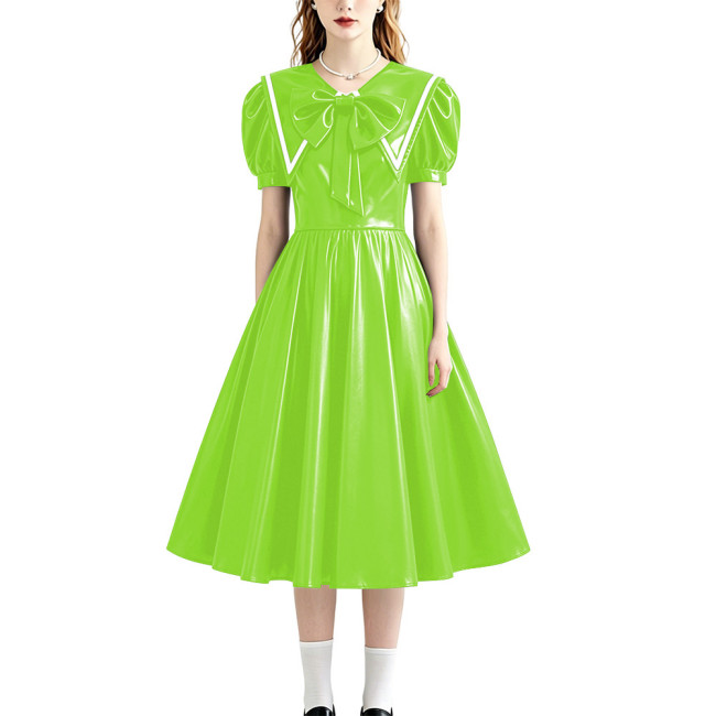 Retro Style Shiny PU Leather Sailor Dress Big Bow Collar Short Puff Sleeve A-line Midi Dress Plus Size Role Play Party Outfit