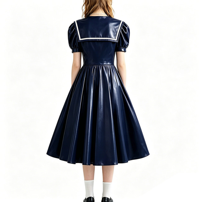 Retro Style Shiny PU Leather Sailor Dress Big Bow Collar Short Puff Sleeve A-line Midi Dress Plus Size Role Play Party Outfit