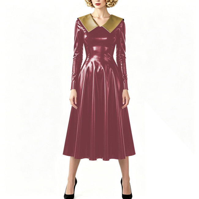 Vintage Shiny PVC Dress Glossy Pointed Collar Long Sleeve A-Line Midi Dress Women's Retro Style Flared Dress Sissy Party Outfits