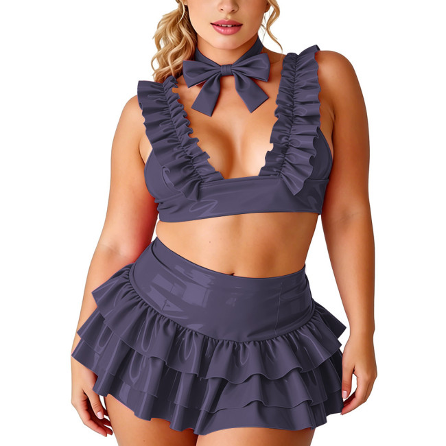 Plus Size Womens Shiny PVC 3-Piece Outfit Deep V Ruffle Top High Waist Layered Skirt with Bow Choker for Halloween and Clubwear