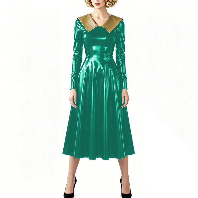 Vintage Shiny PVC Dress Glossy Pointed Collar Long Sleeve A-Line Midi Dress Women's Retro Style Flared Dress Sissy Party Outfits