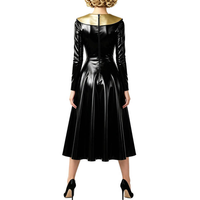Vintage Shiny PVC Dress Glossy Pointed Collar Long Sleeve A-Line Midi Dress Women's Retro Style Flared Dress Sissy Party Outfits