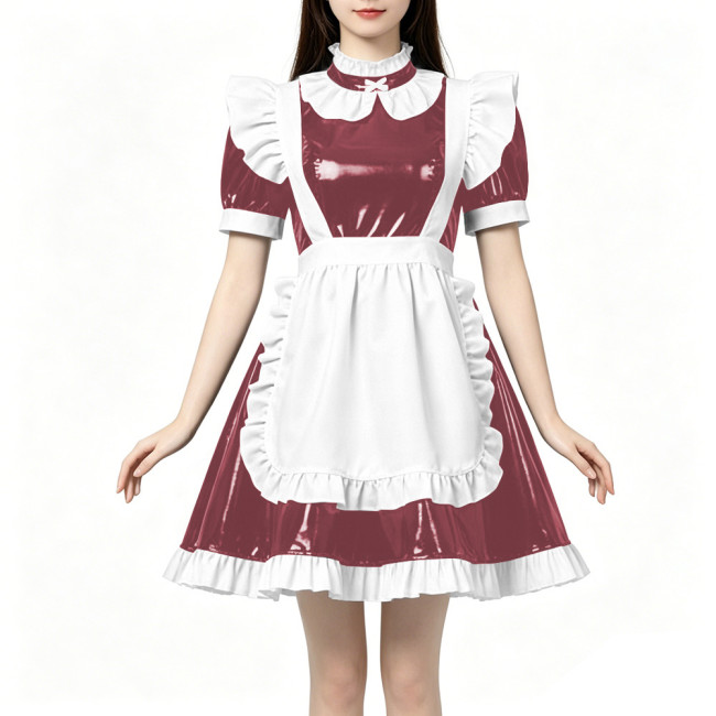High Neck Ruffled PVC Maid Outfit French Short Puff Sleeve A-Line Dress with White Apron Halloween Party Role Play Maid Uniforms