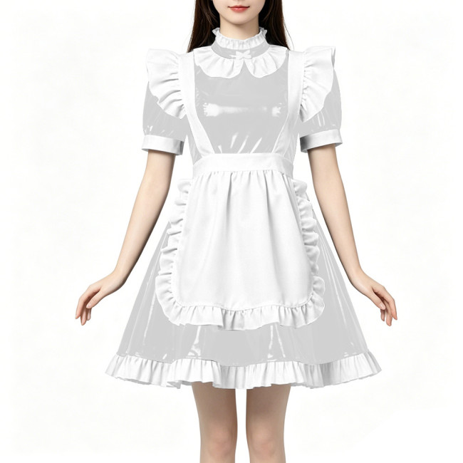 High Neck Ruffled PVC Maid Outfit French Short Puff Sleeve A-Line Dress with White Apron Halloween Party Role Play Maid Uniforms