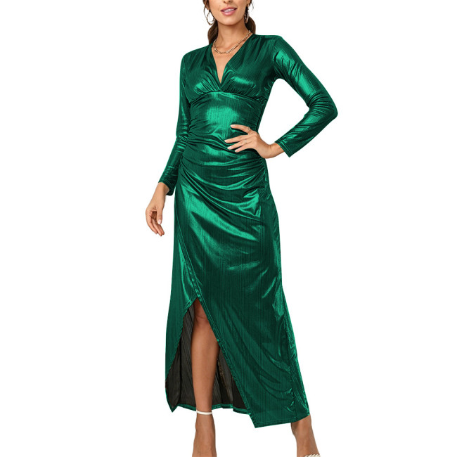 Elegant Metallic Evening Dress Women V Neck Long Sleeve Ruched Wrap Maxi Dress Sexy Cocktail Party Slit Long Dress Club Gown
