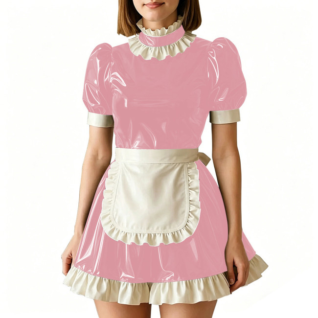 Vinyl PVC Leather Servant Maid Uniforms Sissy Party Cosplay Anime Costume High Neck Glossy Pleated Mini Maid Dress with Apron