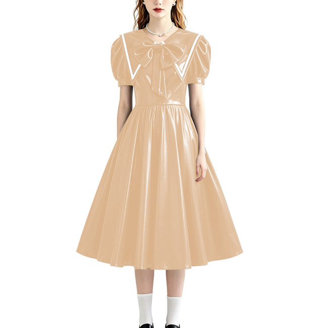 Retro Style Shiny PU Leather Sailor Dress Big Bow Collar Short Puff Sleeve A-line Midi Dress Plus Size Role Play Party Outfit
