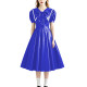 Retro Style Shiny PU Leather Sailor Dress Big Bow Collar Short Puff Sleeve A-line Midi Dress Plus Size Role Play Party Outfit