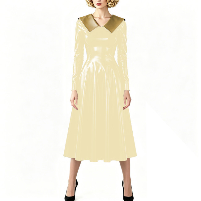 Vintage Shiny PVC Dress Glossy Pointed Collar Long Sleeve A-Line Midi Dress Women's Retro Style Flared Dress Sissy Party Outfits