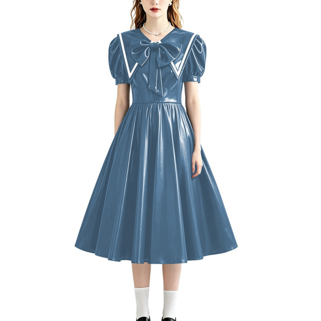 Retro Style Shiny PU Leather Sailor Dress Big Bow Collar Short Puff Sleeve A-line Midi Dress Plus Size Role Play Party Outfit