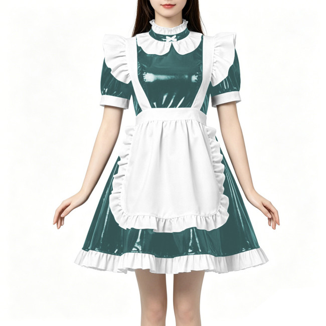 High Neck Ruffled PVC Maid Outfit French Short Puff Sleeve A-Line Dress with White Apron Halloween Party Role Play Maid Uniforms