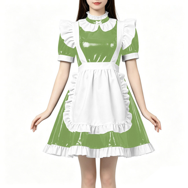 High Neck Ruffled PVC Maid Outfit French Short Puff Sleeve A-Line Dress with White Apron Halloween Party Role Play Maid Uniforms