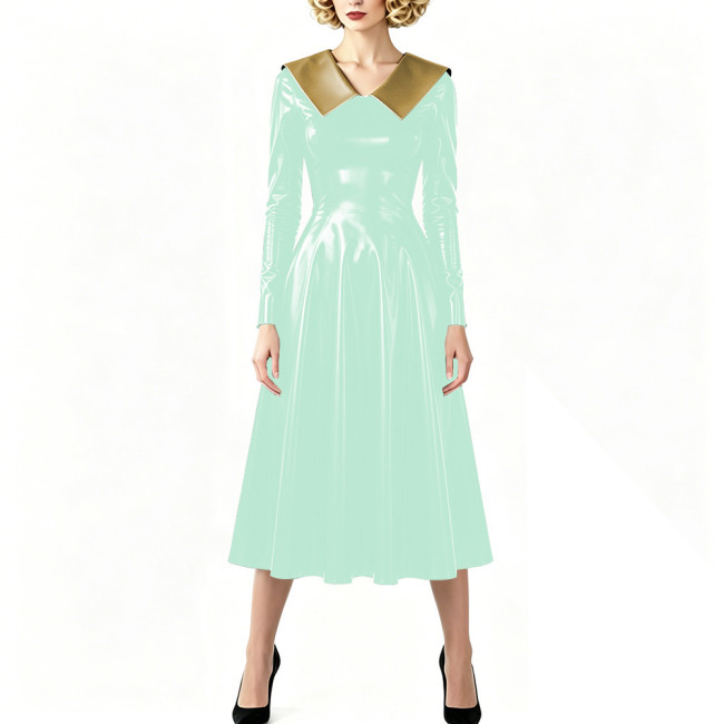 Vintage Shiny PVC Dress Glossy Pointed Collar Long Sleeve A-Line Midi Dress Women's Retro Style Flared Dress Sissy Party Outfits