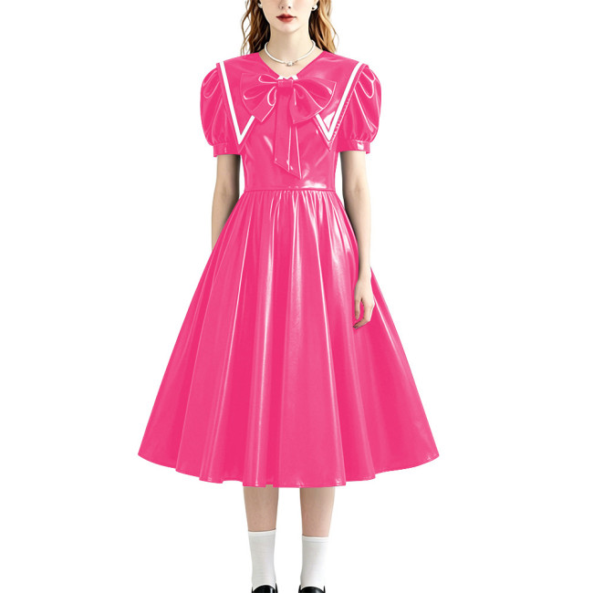 Retro Style Shiny PU Leather Sailor Dress Big Bow Collar Short Puff Sleeve A-line Midi Dress Plus Size Role Play Party Outfit
