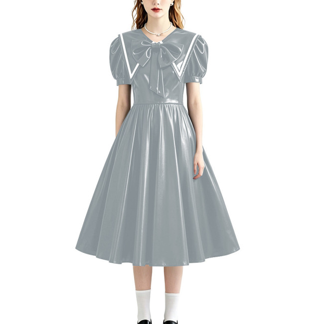 Retro Style Shiny PU Leather Sailor Dress Big Bow Collar Short Puff Sleeve A-line Midi Dress Plus Size Role Play Party Outfit