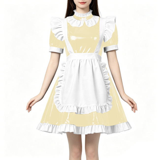 High Neck Ruffled PVC Maid Outfit French Short Puff Sleeve A-Line Dress with White Apron Halloween Party Role Play Maid Uniforms