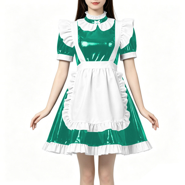 High Neck Ruffled PVC Maid Outfit French Short Puff Sleeve A-Line Dress with White Apron Halloween Party Role Play Maid Uniforms