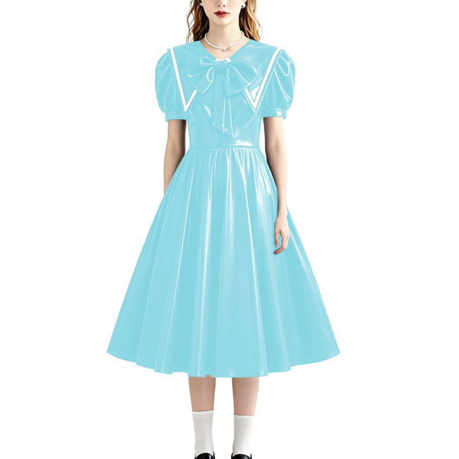 Retro Style Shiny PU Leather Sailor Dress Big Bow Collar Short Puff Sleeve A-line Midi Dress Plus Size Role Play Party Outfit