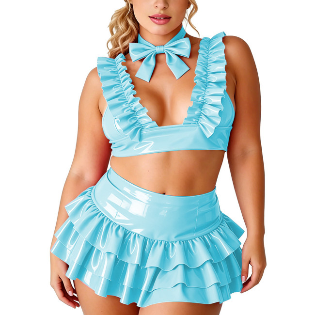 Plus Size Womens Shiny PVC 3-Piece Outfit Deep V Ruffle Top High Waist Layered Skirt with Bow Choker for Halloween and Clubwear