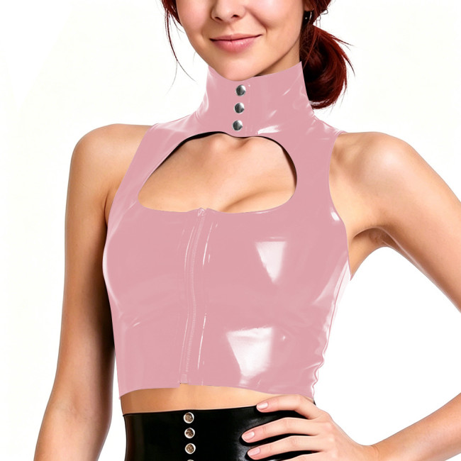 Solid Color PVC High Neck Crop Top for Womens Sleeveless Cutout Front Zipper Glossy Tank Top Nightclub Party Cosplay Costume