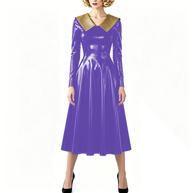 Vintage Shiny PVC Dress Glossy Pointed Collar Long Sleeve A-Line Midi Dress Women's Retro Style Flared Dress Sissy Party Outfits