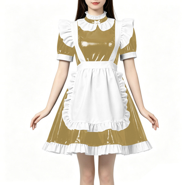 High Neck Ruffled PVC Maid Outfit French Short Puff Sleeve A-Line Dress with White Apron Halloween Party Role Play Maid Uniforms