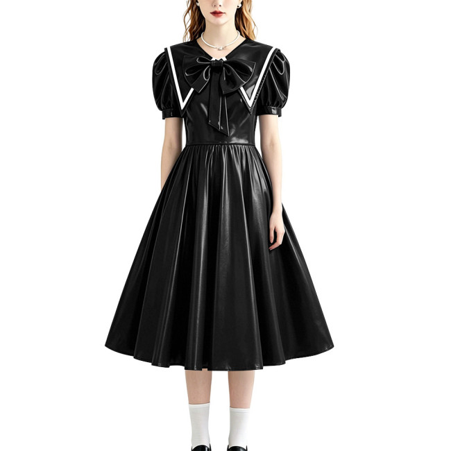 Retro Style Shiny PU Leather Sailor Dress Big Bow Collar Short Puff Sleeve A-line Midi Dress Plus Size Role Play Party Outfit