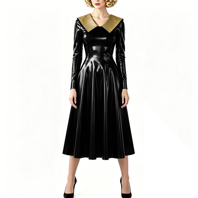 Vintage Shiny PVC Dress Glossy Pointed Collar Long Sleeve A-Line Midi Dress Women's Retro Style Flared Dress Sissy Party Outfits