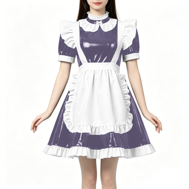 High Neck Ruffled PVC Maid Outfit French Short Puff Sleeve A-Line Dress with White Apron Halloween Party Role Play Maid Uniforms