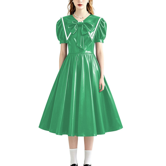 Retro Style Shiny PU Leather Sailor Dress Big Bow Collar Short Puff Sleeve A-line Midi Dress Plus Size Role Play Party Outfit