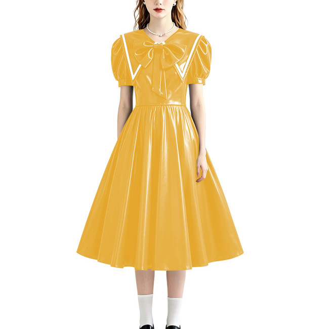 Retro Style Shiny PU Leather Sailor Dress Big Bow Collar Short Puff Sleeve A-line Midi Dress Plus Size Role Play Party Outfit
