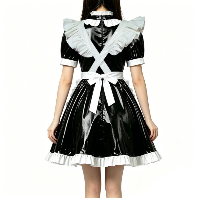 High Neck Ruffled PVC Maid Outfit French Short Puff Sleeve A-Line Dress with White Apron Halloween Party Role Play Maid Uniforms